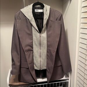 Zara Charcoal Blazer with Light Gray Hoodie